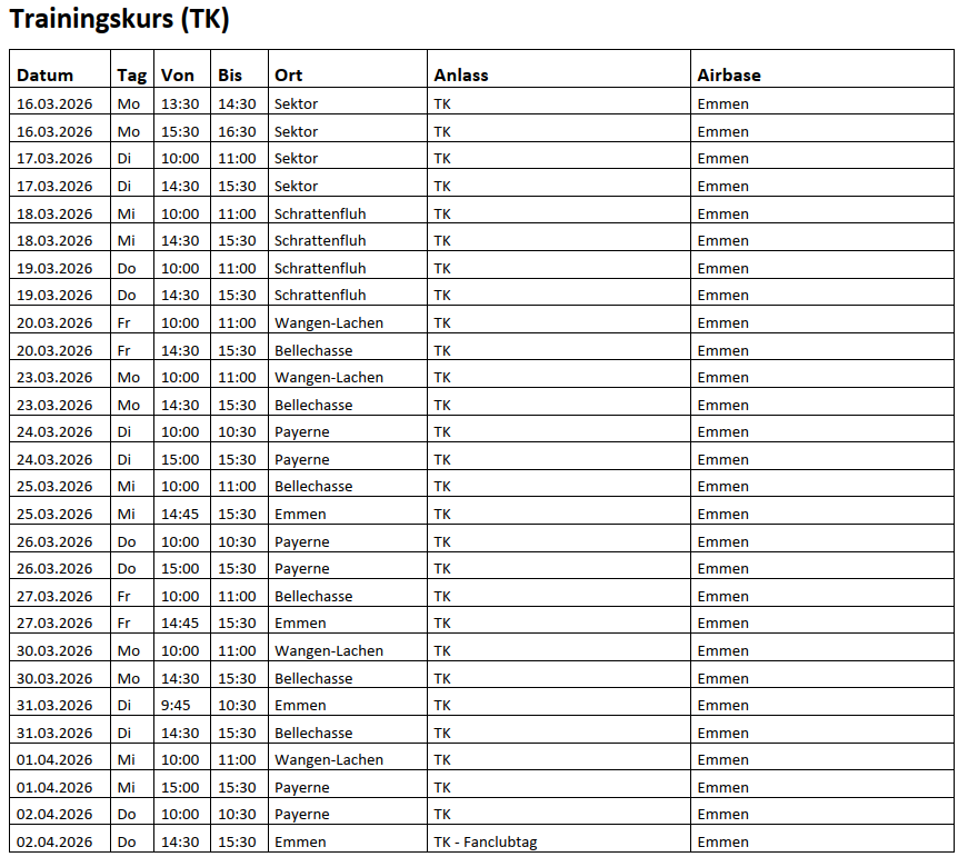 Patrouille Suisse Programm Trainingskurs 2026
